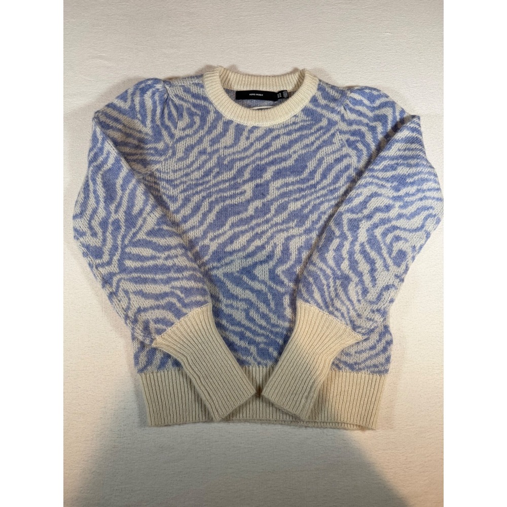 Vero Moda Periwinkle White Zebra Print Jacquard Knit Sweater VMTARI XS Cozy Soft